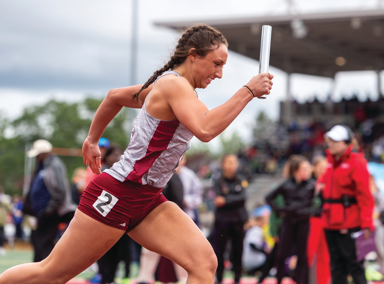 W.F. West's Savanna Bolivar strides off her marks at the start of a 2A Girls 4x100 Prelim at the 4A/3A/2A State Track and Field Championships on Friday, May 27, 2022, at Mount Tahoma High School in Tacoma. (Joshua Hart/For The Chronicle)